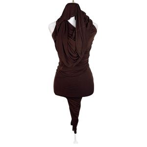 Urban Zen Brown Linen Elastane Body con Midi Ruched Cowl Neck Dress Size XS